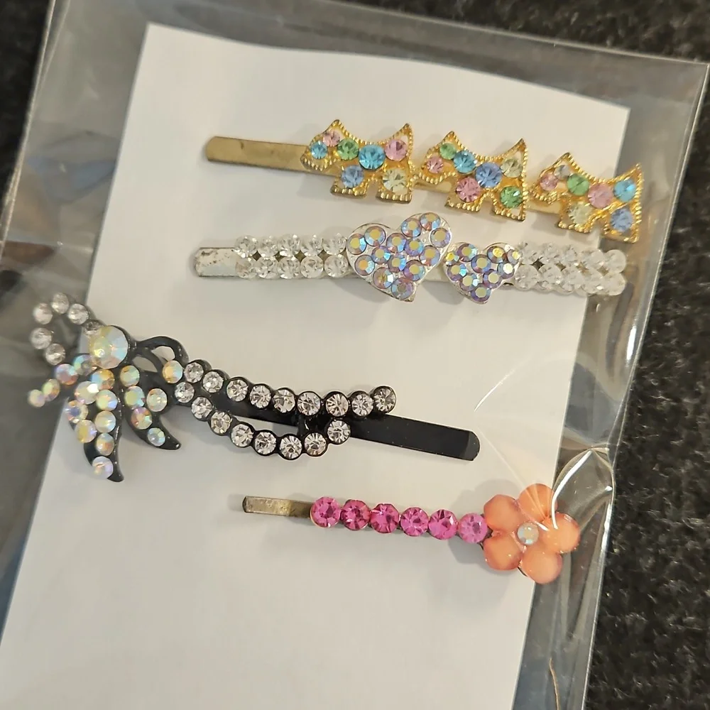 4 Piece Lot Multicolor Rhinestone hair pins Bow Flower Scottie Designs Cute - Picture 5 of 5
